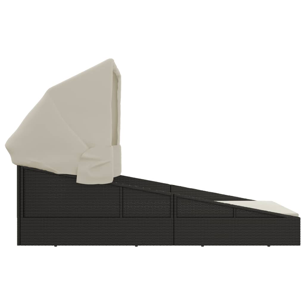 Sun Lounger with Canopy, Black, 200x114x128cm, Polyrattan