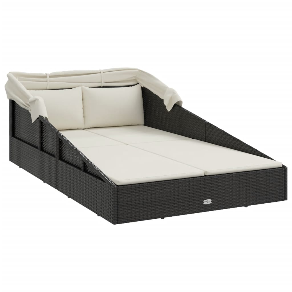 Sun Lounger with Canopy, Black, 200x114x128cm, Polyrattan