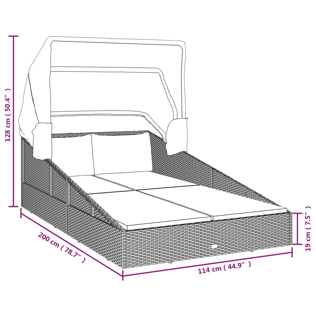 Sun Lounger with Canopy, Black, 200x114x128cm, Polyrattan