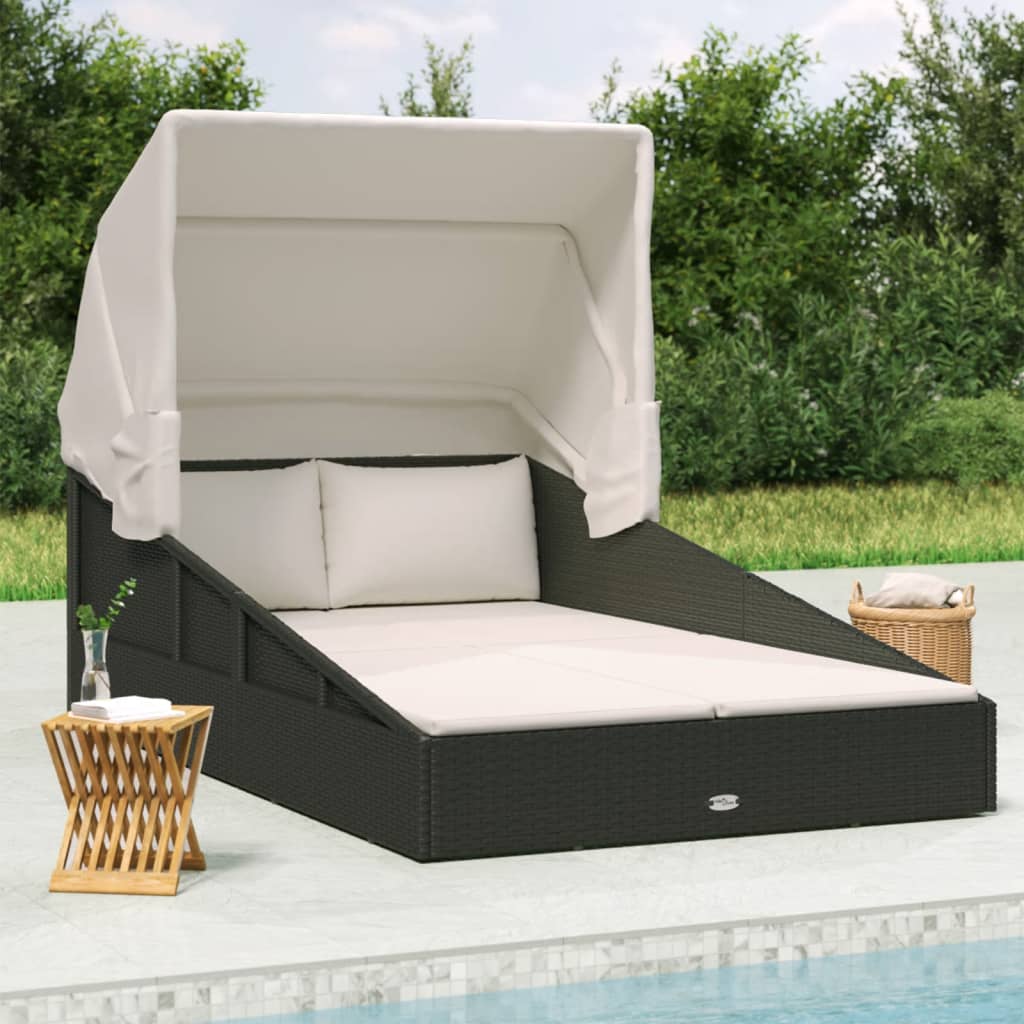 Sun Lounger with Canopy, Black, 200x114x128cm, Polyrattan