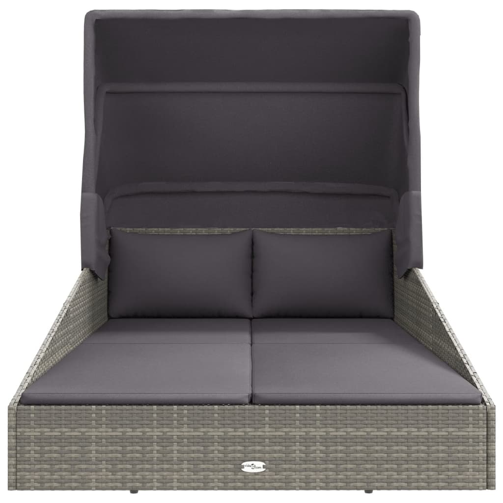 Sun lounger with canopy, grey, 200x114x128cm, poly rattan