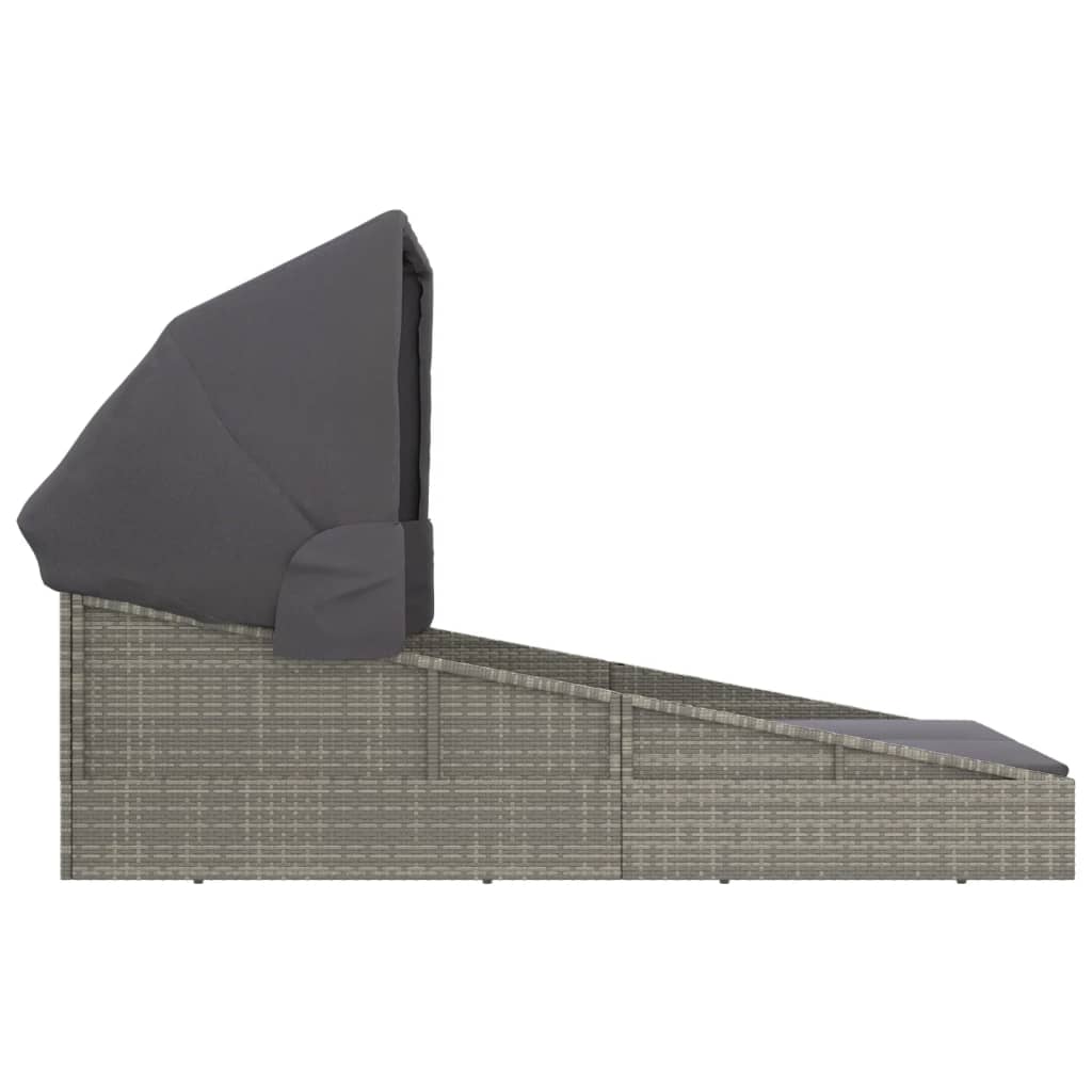 Sun lounger with canopy, grey, 200x114x128cm, poly rattan