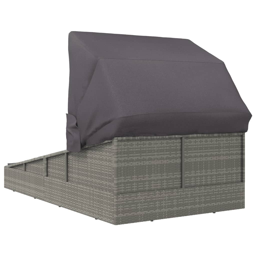 Sun lounger with canopy, grey, 200x114x128cm, poly rattan
