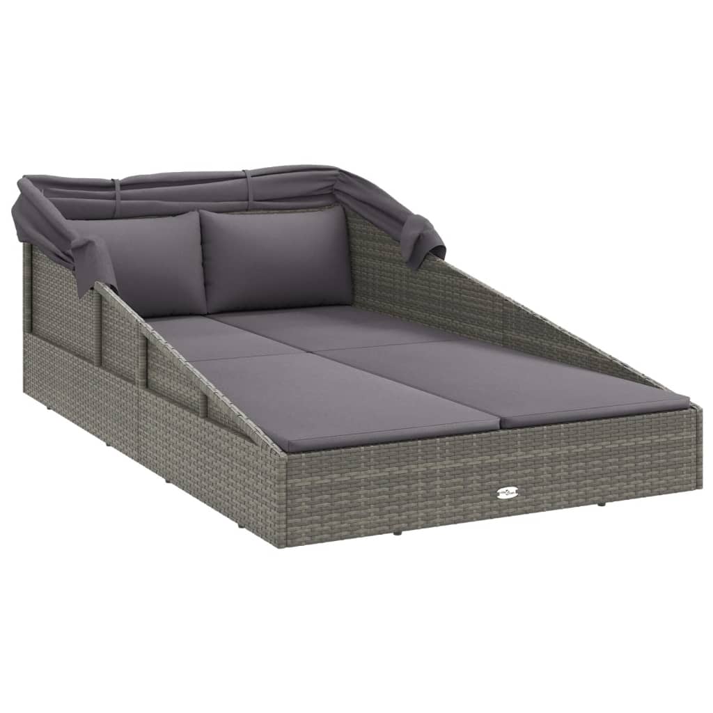 Sun lounger with canopy, grey, 200x114x128cm, poly rattan
