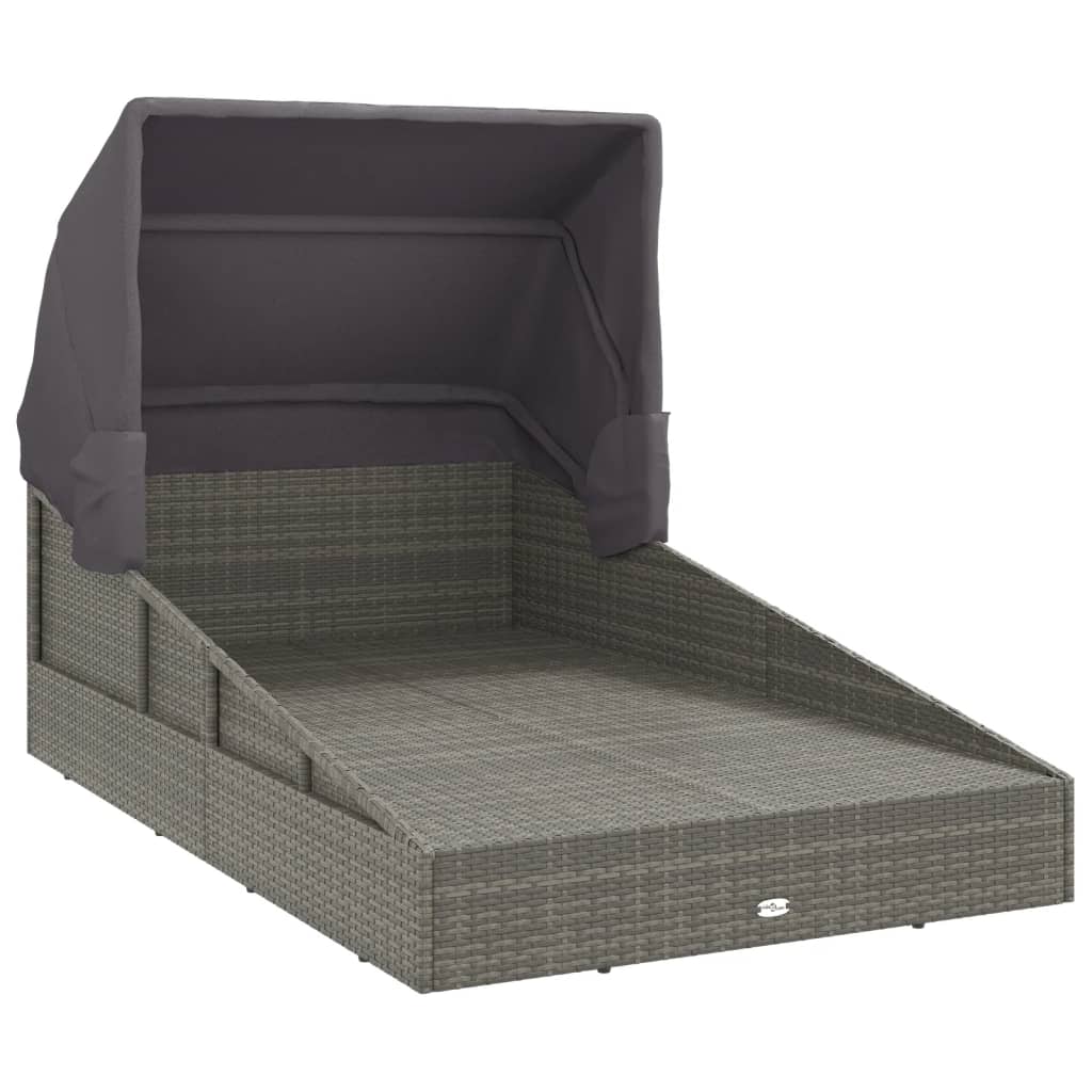 Sun lounger with canopy, grey, 200x114x128cm, poly rattan