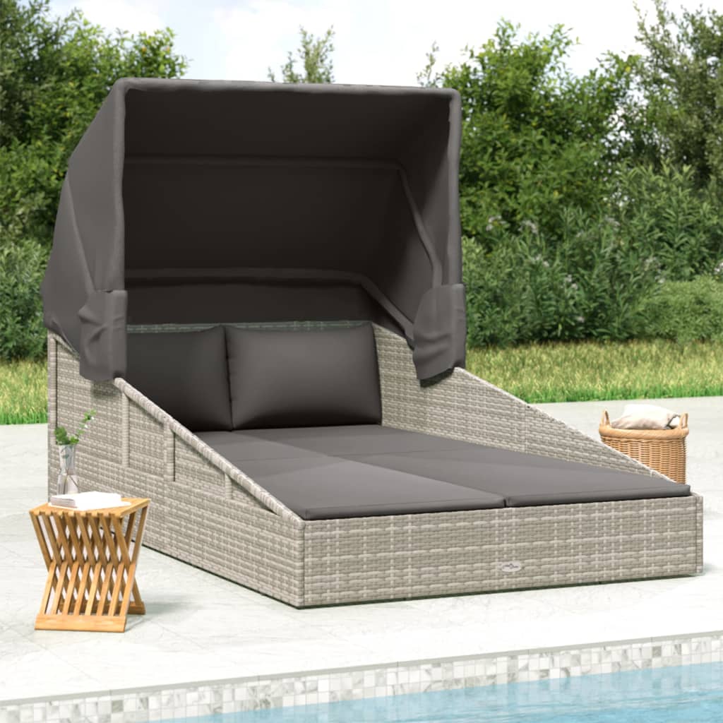 Sun lounger with canopy, grey, 200x114x128cm, poly rattan