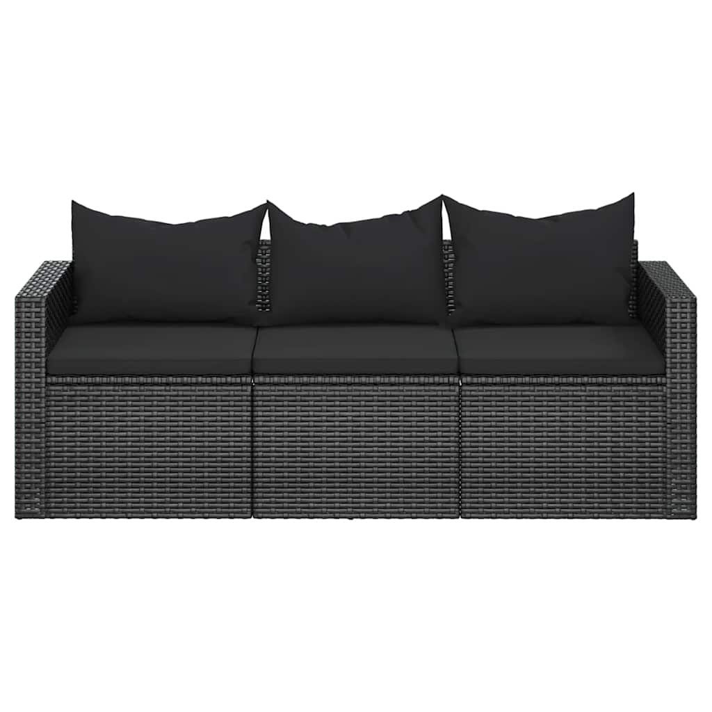 Trivietė sodo sofa su pagalvėlėmis, juodos spalvos, poliratanas