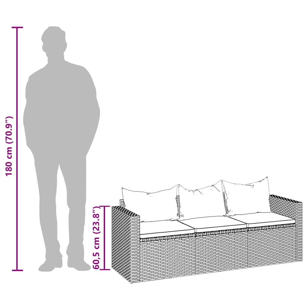 Trivietė sodo sofa su pagalvėlėmis, juodos spalvos, poliratanas