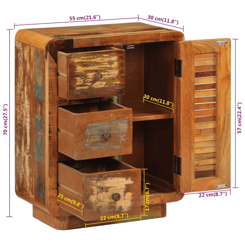 Side cabinet with 3 drawers, 55x30x70cm, reclaimed wood