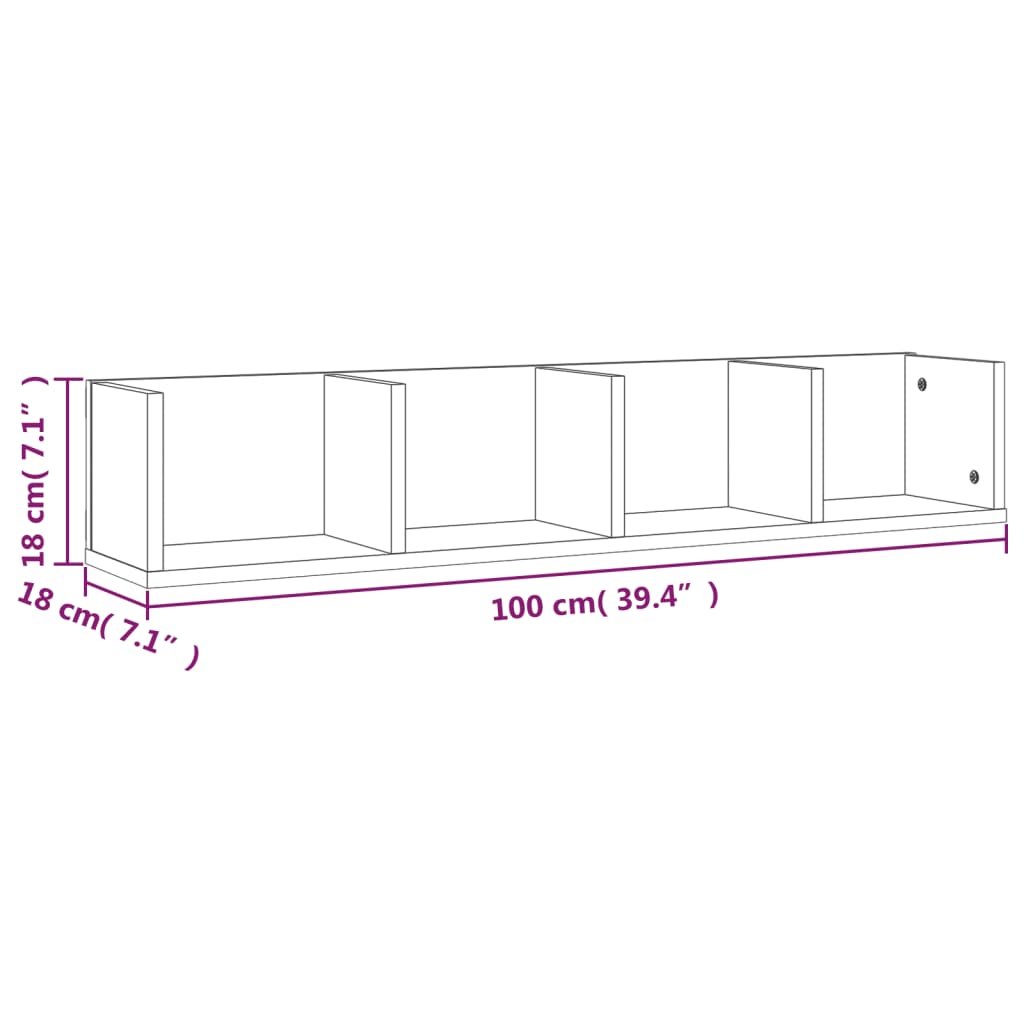 Wall-mounted CD shelf, grey oak, 100x18x18cm, wood