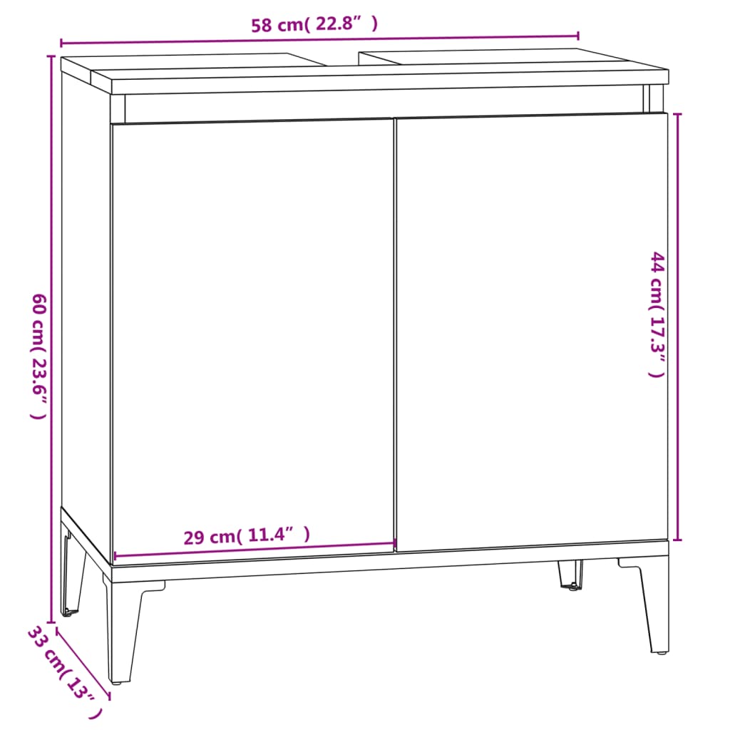 Washbasin cabinet, grey oak, 58x33x60cm, engineered wood