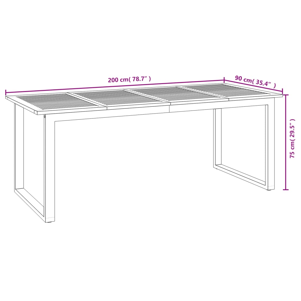 Garden table with U-shaped legs, 200x90x75cm, solid acacia