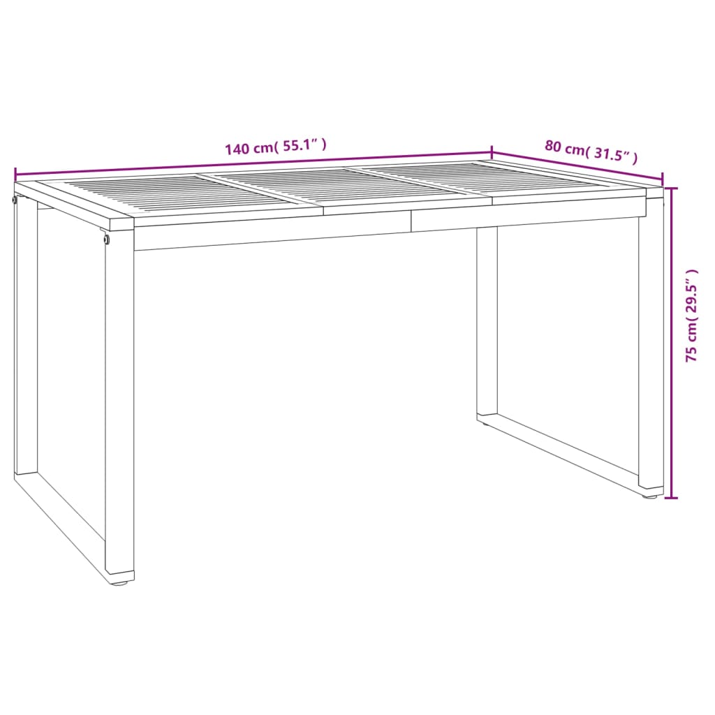 Garden table with U-shaped legs, 140x80x75cm, solid acacia