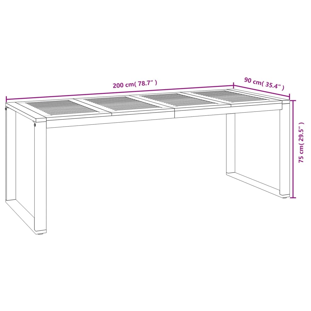 Garden table with U-shaped legs, 200x90x75cm, solid acacia
