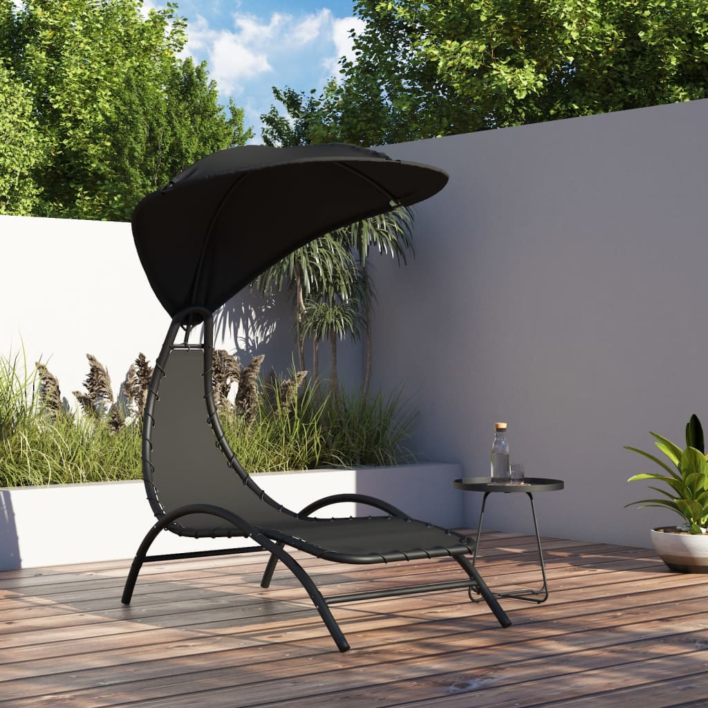 Sun lounger with roof, black, 167x80x195cm, fabric/steel