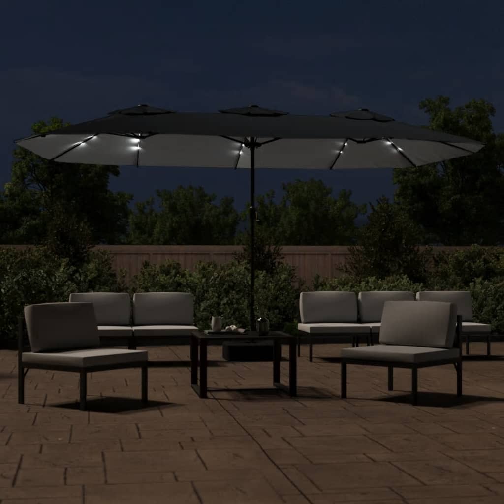 Dvigubas sodo skėtis nuo saulės su LED, juodas, 449x245cm