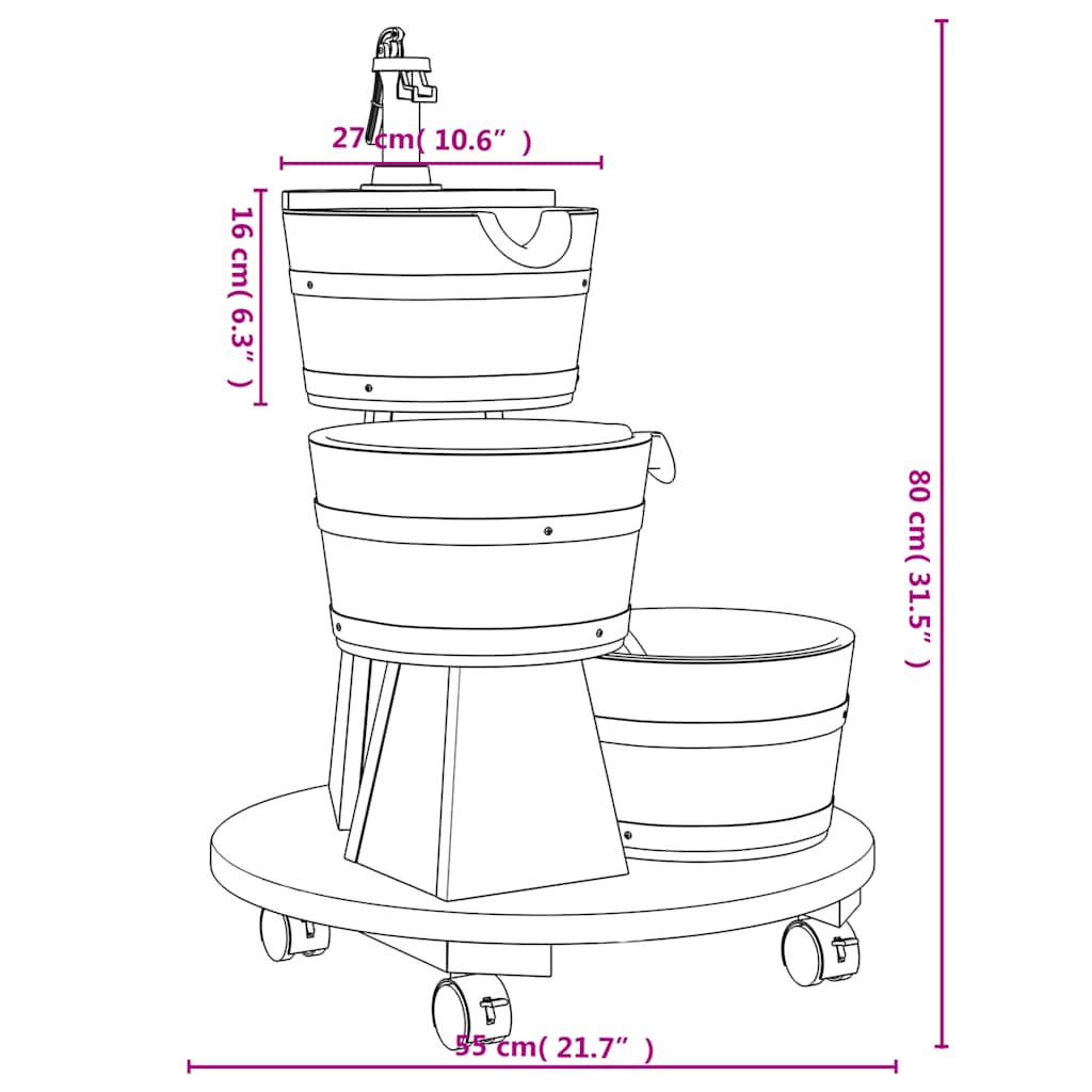 Water fountain with pump/wheels, 55x55x80cm, solid spruce