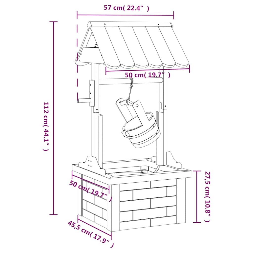 Fountain - wishing well with pump, 57x50x112cm, solid spruce