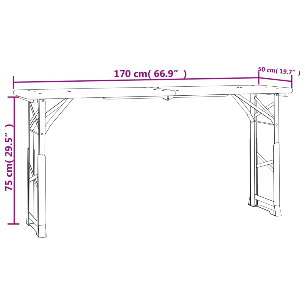 Folding beer table, 170x50x75/105cm, spruce solid wood