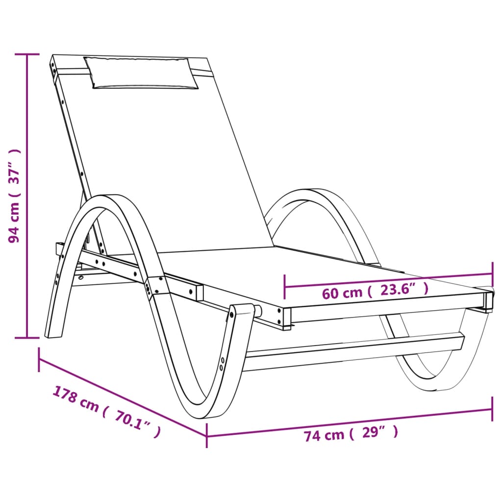 Sunlounger with cushion, grey, textilene and poplar wood