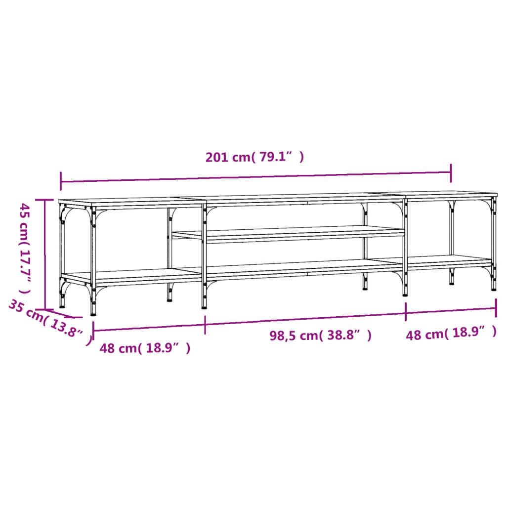 TV stand, grey, 201x35x45cm, wood and iron