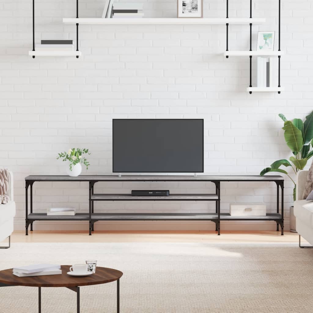 TV stand, grey, 201x35x45cm, wood and iron