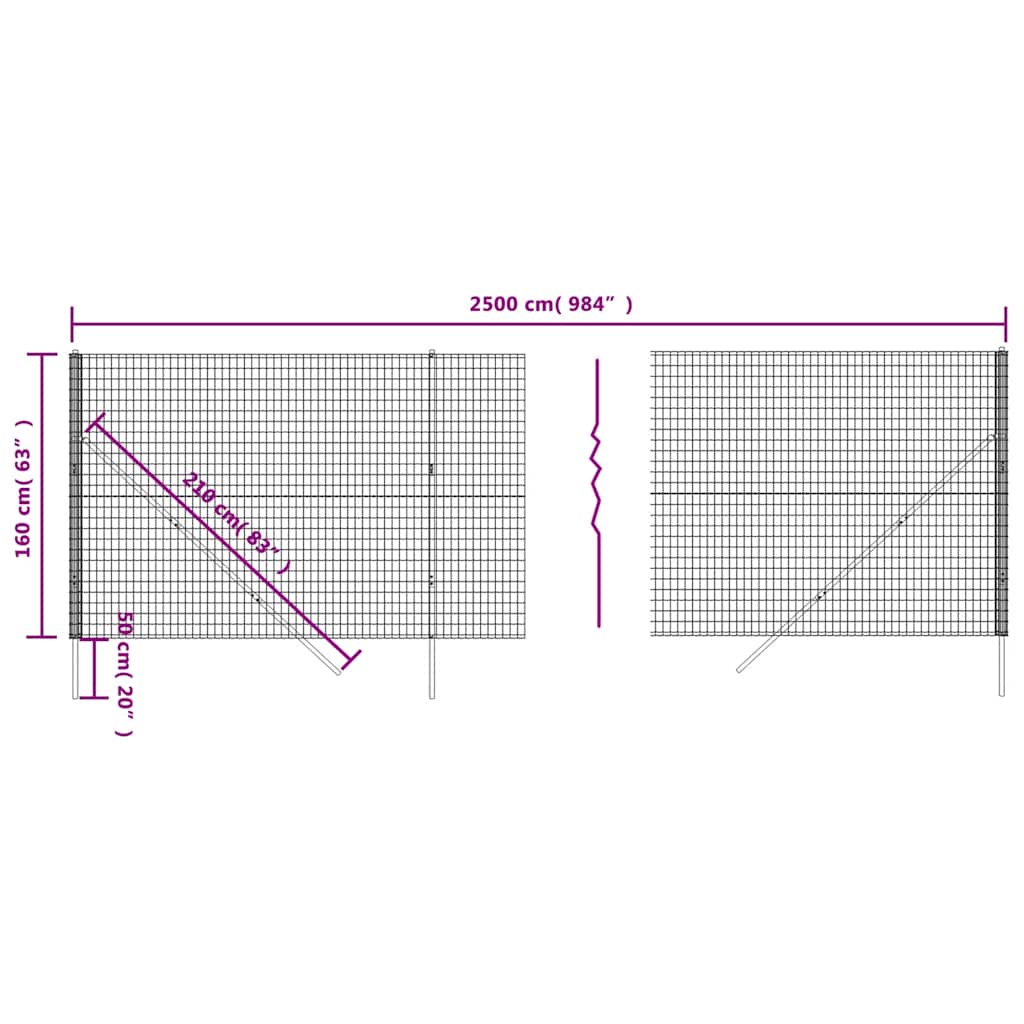 Wire mesh fence, green, 1.6x25m, galvanized steel