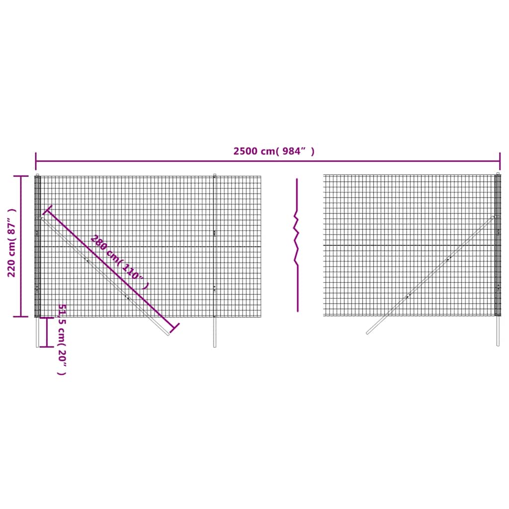 Mesh wire fence, green, 2.2x25m, galvanized steel