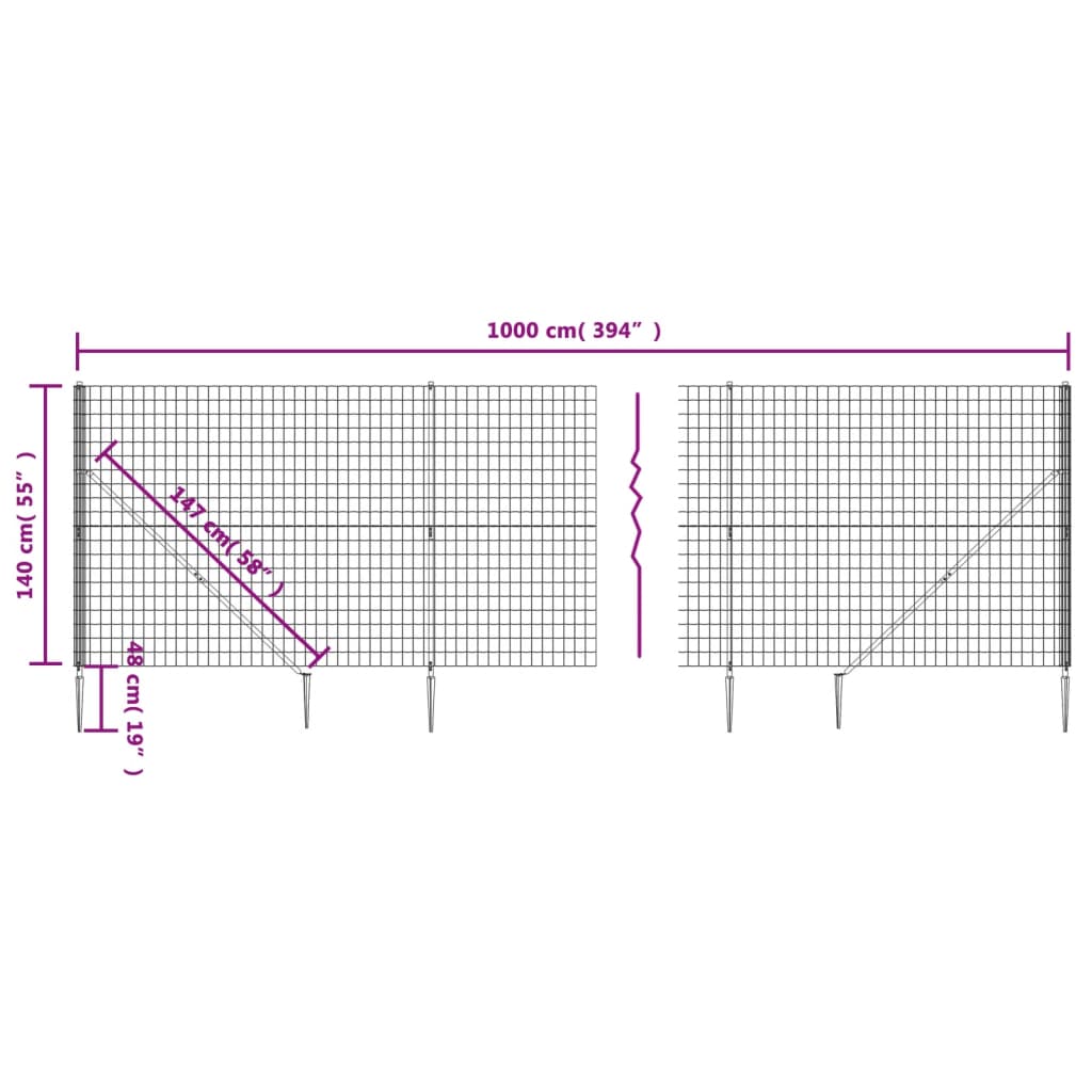 Wire mesh fence with spikes, green, 1.4x10m