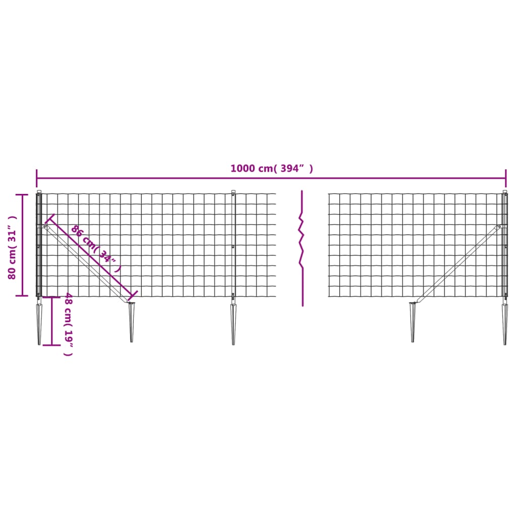 Wire mesh fence with spikes, green, 0.8x10m
