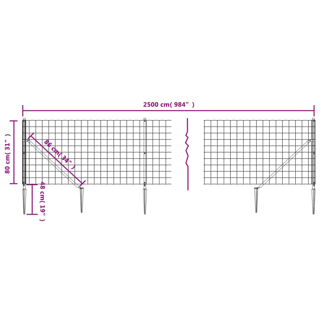 Wire mesh fence with spikes, green, 0.8x25m
