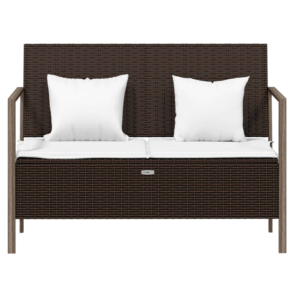 Two-seater garden bench with cushions, brown, poly rattan