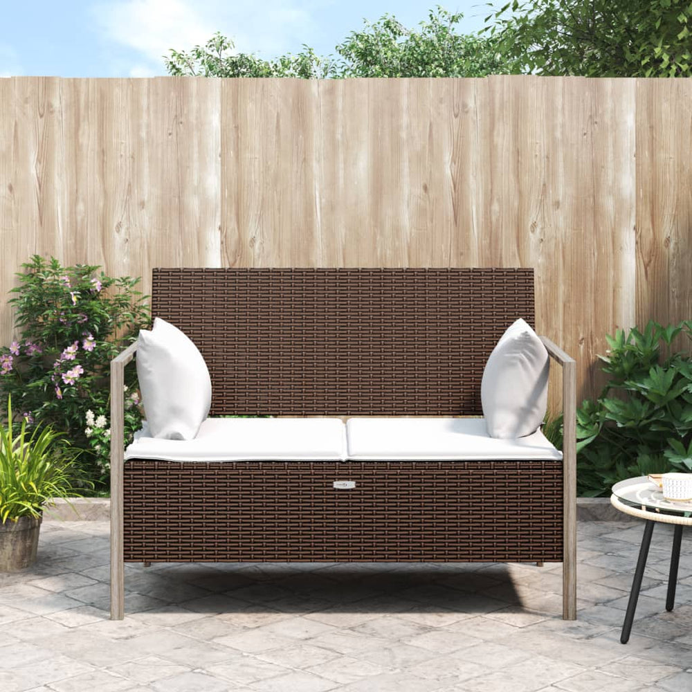 Two-seater garden bench with cushions, brown, poly rattan
