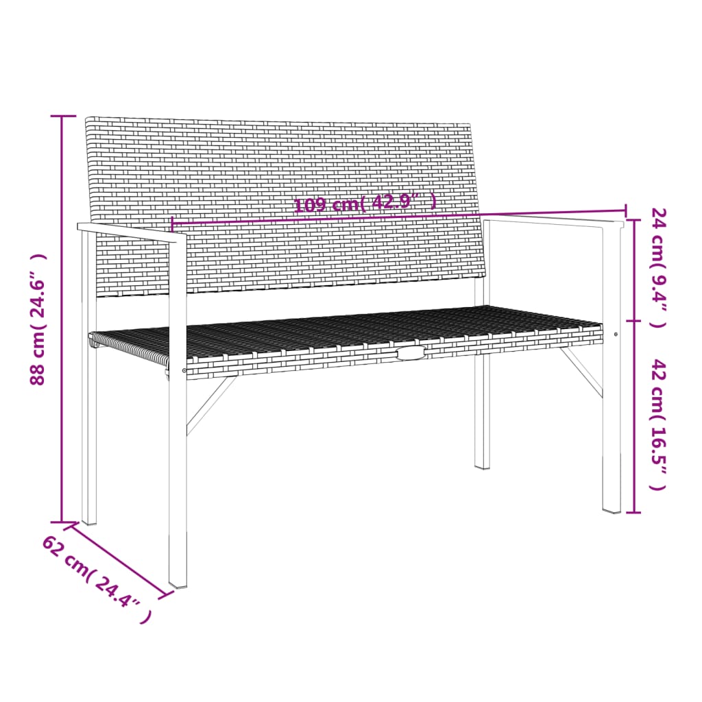 Two-seater garden bench, black, polyrattan