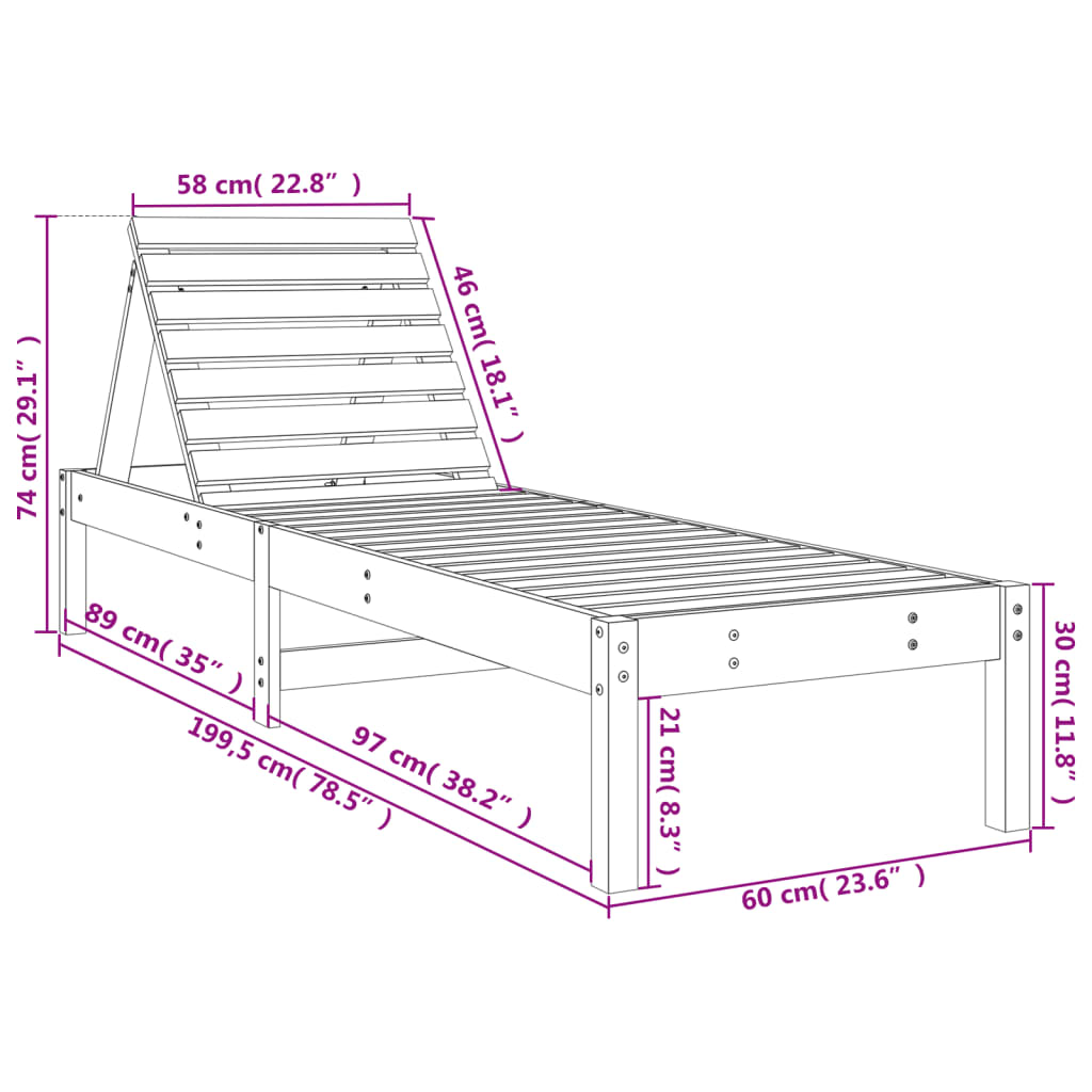 Sun lounger, honey brown, 199.5x60x74cm, solid pine