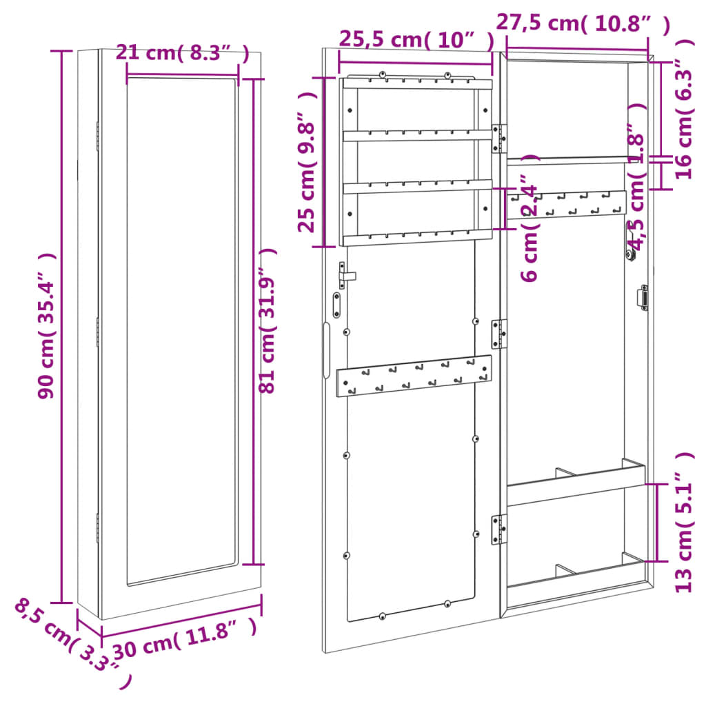 Wall-mounted mirrored jewellery cabinet, black, 30x8.5x90cm