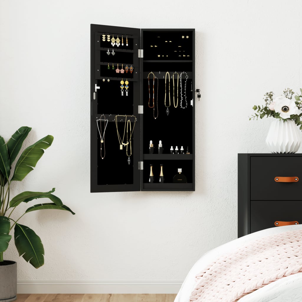Wall-mounted mirrored jewellery cabinet, black, 30x8.5x90cm