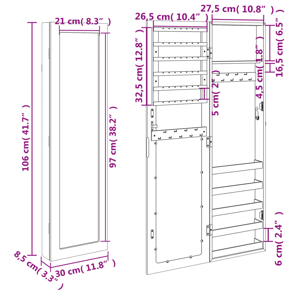 Spoguļots rotaslietu skapis, 30x8,5x106cm, pie sienas stiprināms
