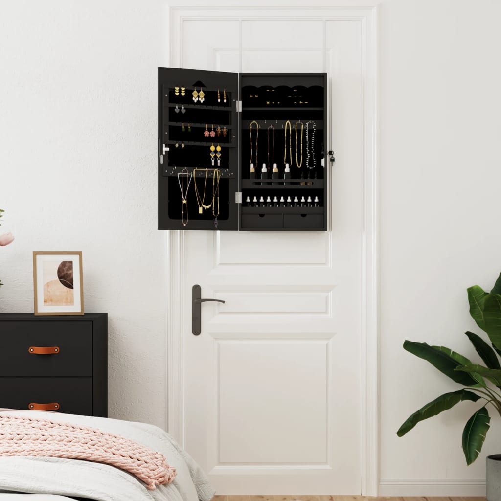 Wall-mounted mirrored jewelry cabinet, black, 37.5x10x67cm