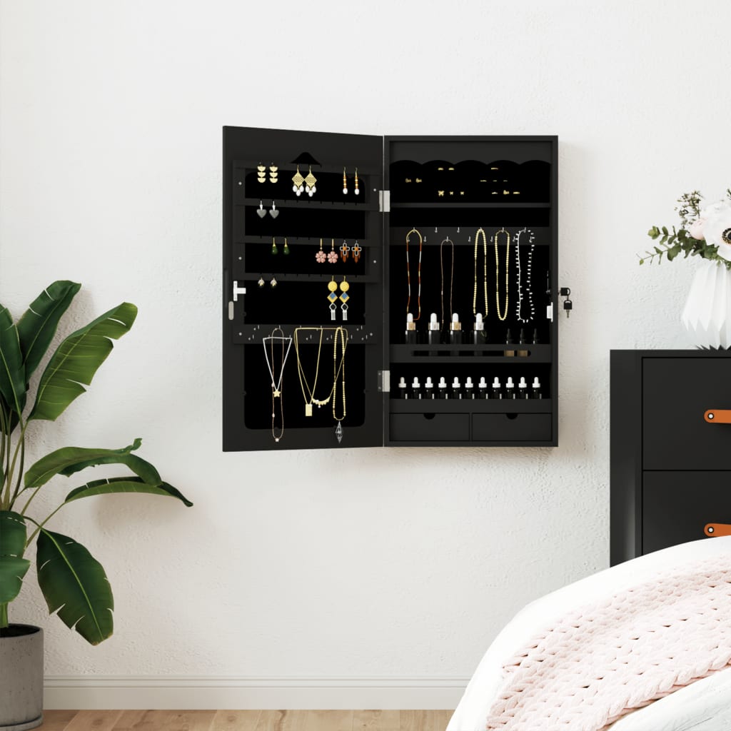 Wall-mounted mirrored jewelry cabinet, black, 37.5x10x67cm