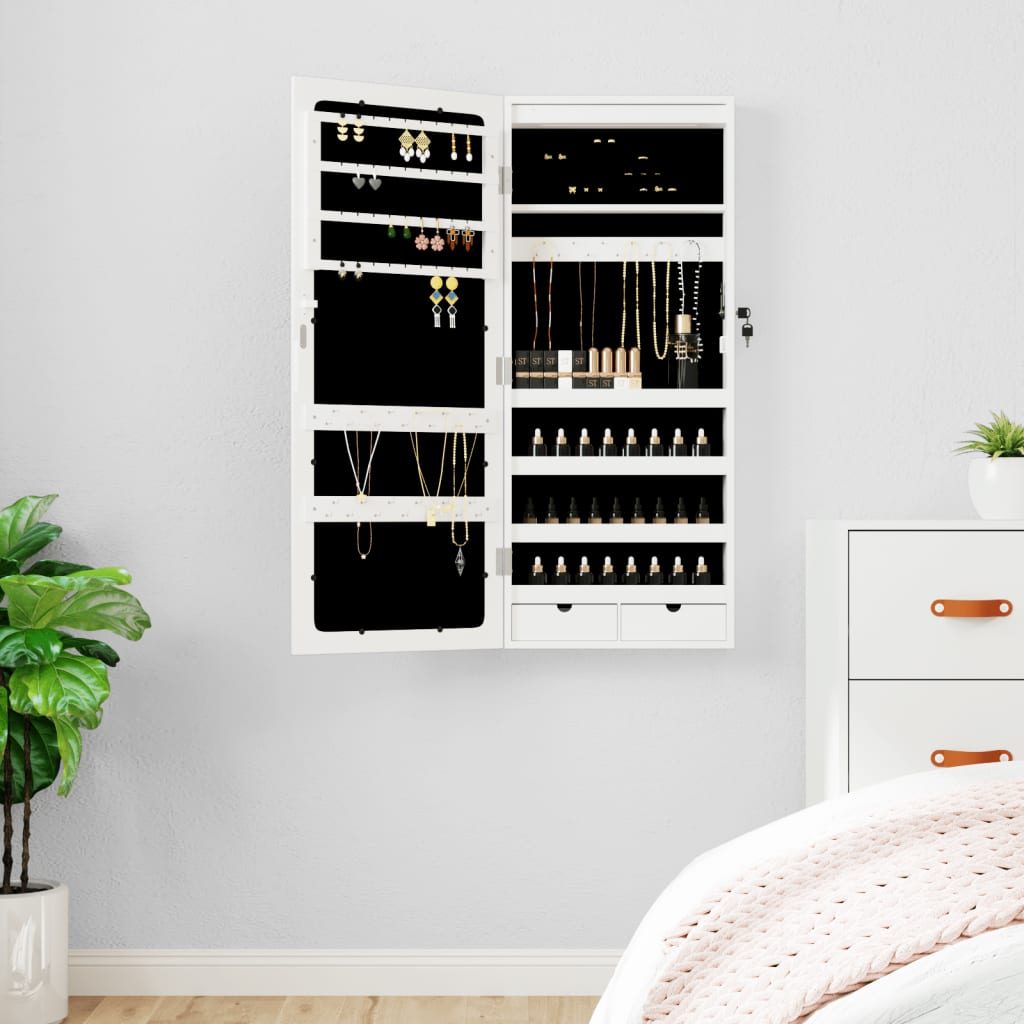 Mirrored jewelry cabinet with LED lighting, white
