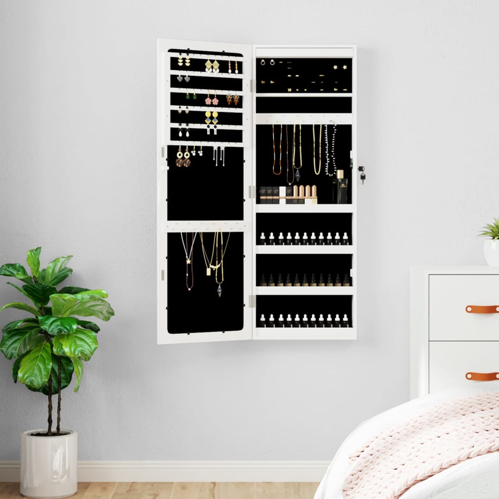 Mirrored jewelry cabinet with LED lighting, white