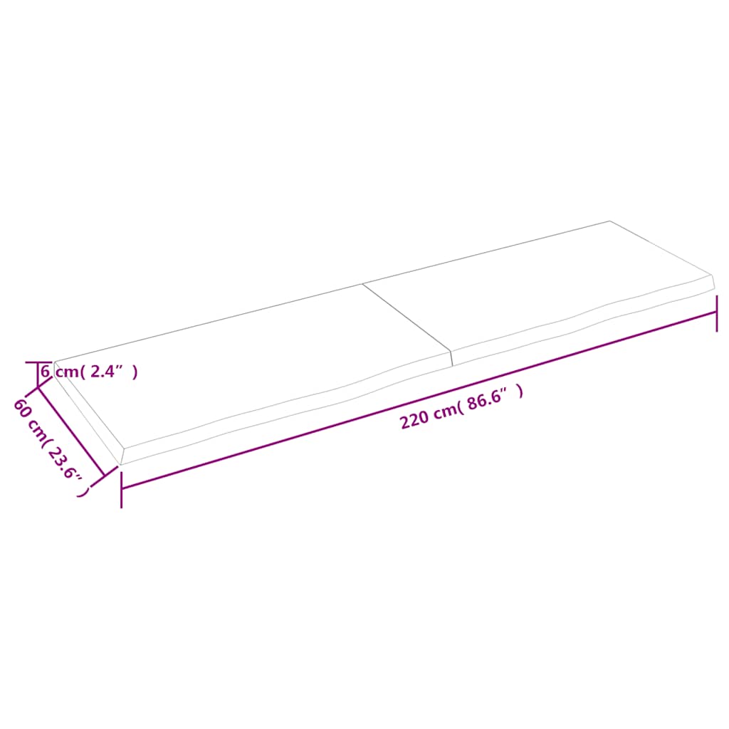 Wall shelf, 220x60x(2–6)cm, untreated solid oak