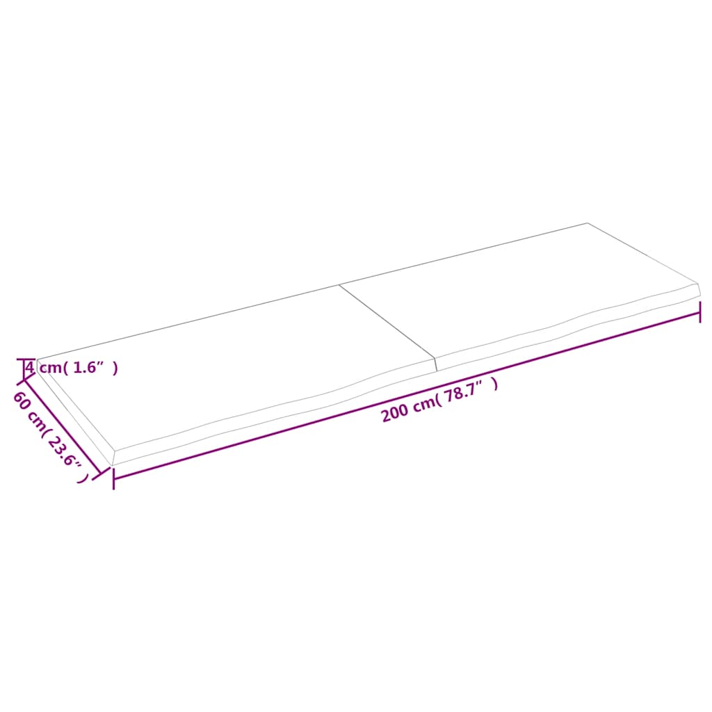 Wall shelf, light brown, 200x60x(2-4) cm, solid oak