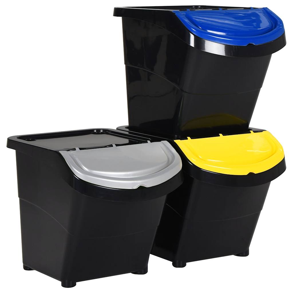Sukraunamos šiukšliadėžės su dangteliais 3 vnt Juodos PP 78 L