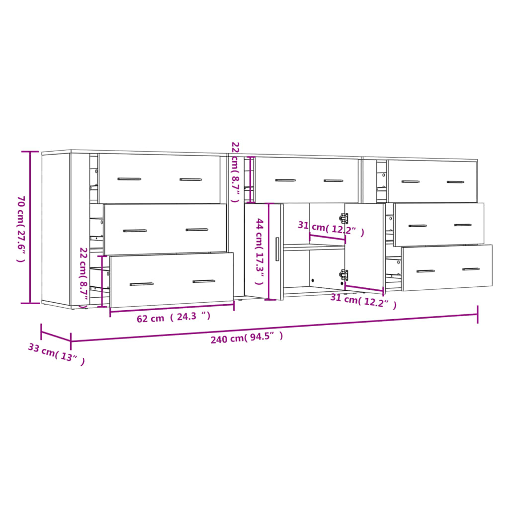 Side cabinets, 3 pcs., smoky oak, engineered wood