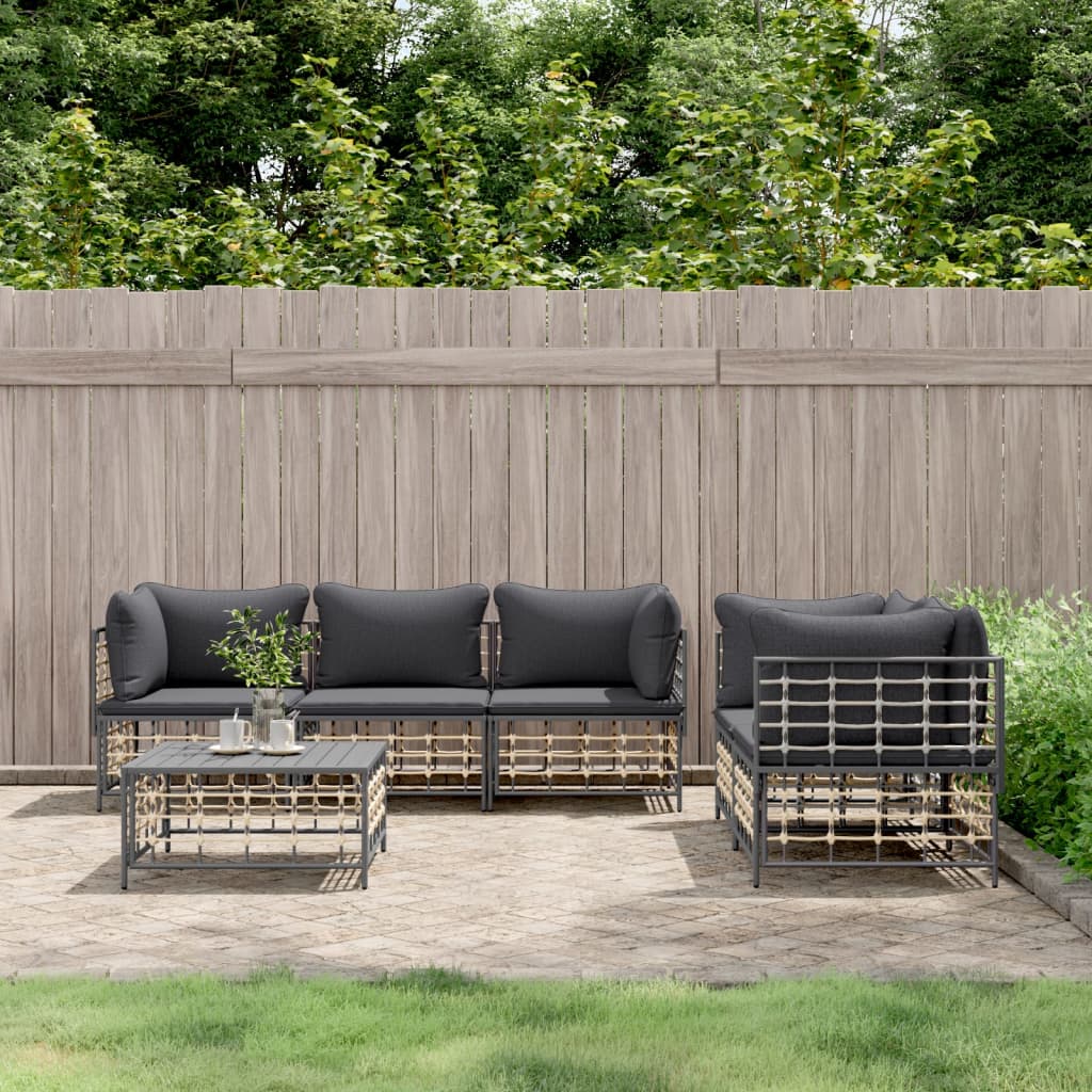 Garden Lounge Set with Cushions, 6-Piece, Anthracite, Poly Rattan