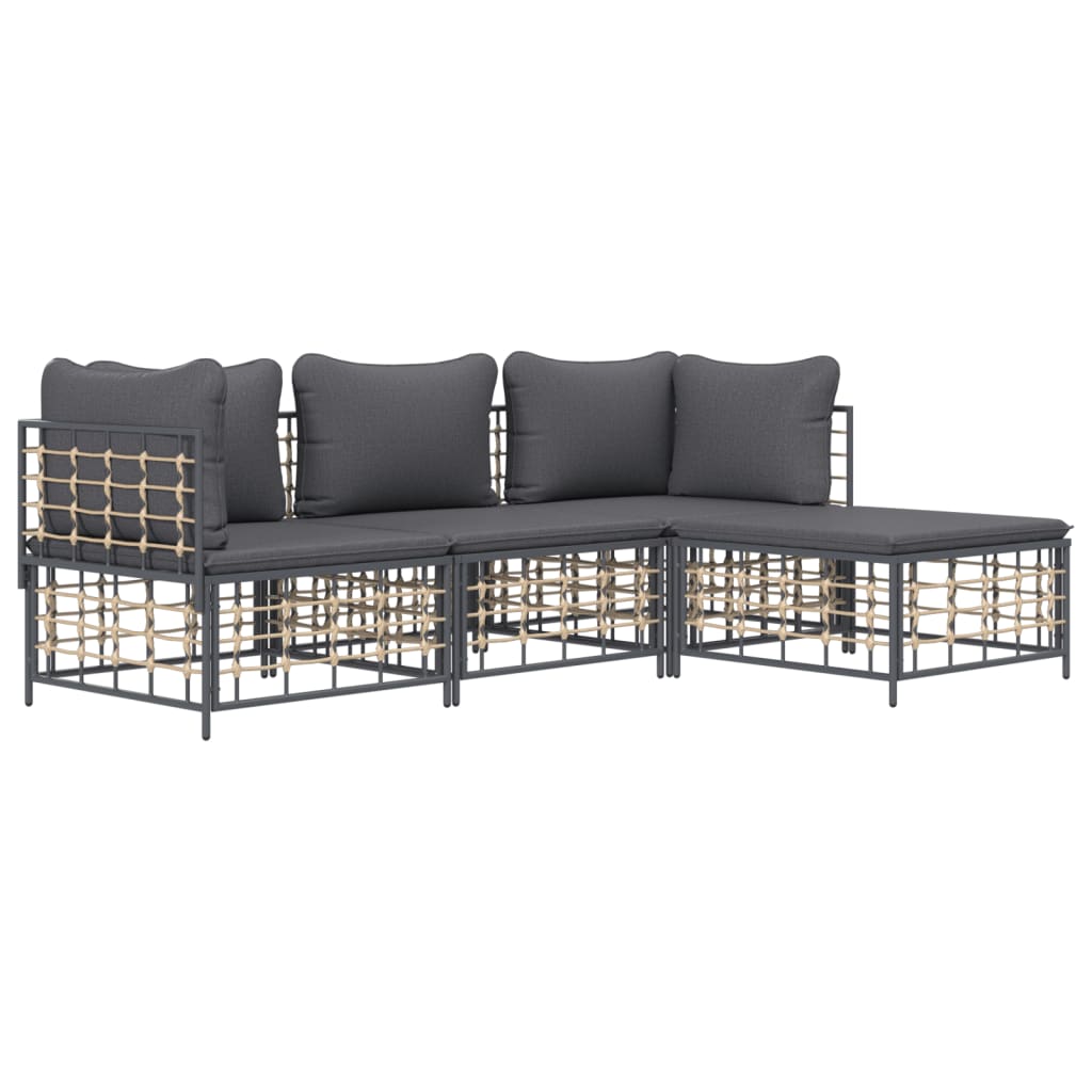 Garden lounge set with cushions, 4-piece, anthracite, poly rattan