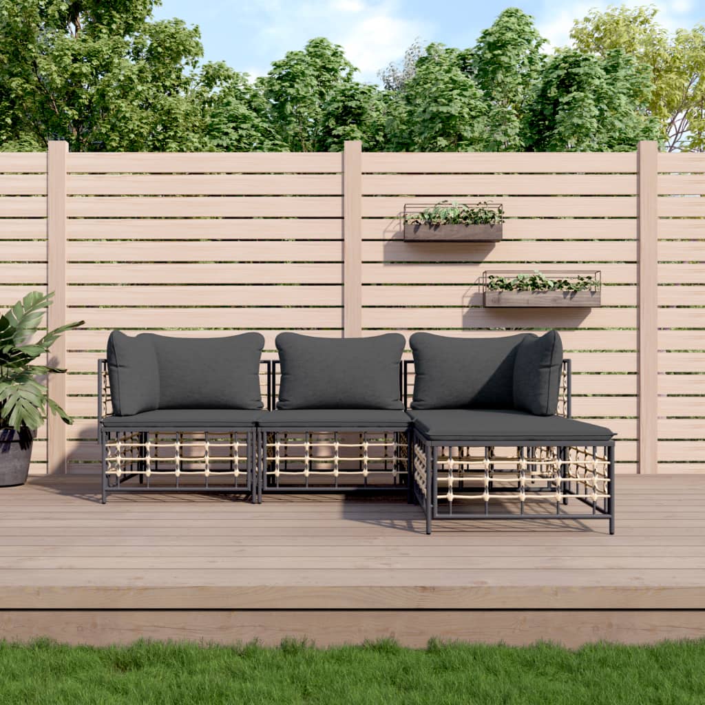 Garden lounge set with cushions, 4-piece, anthracite, poly rattan