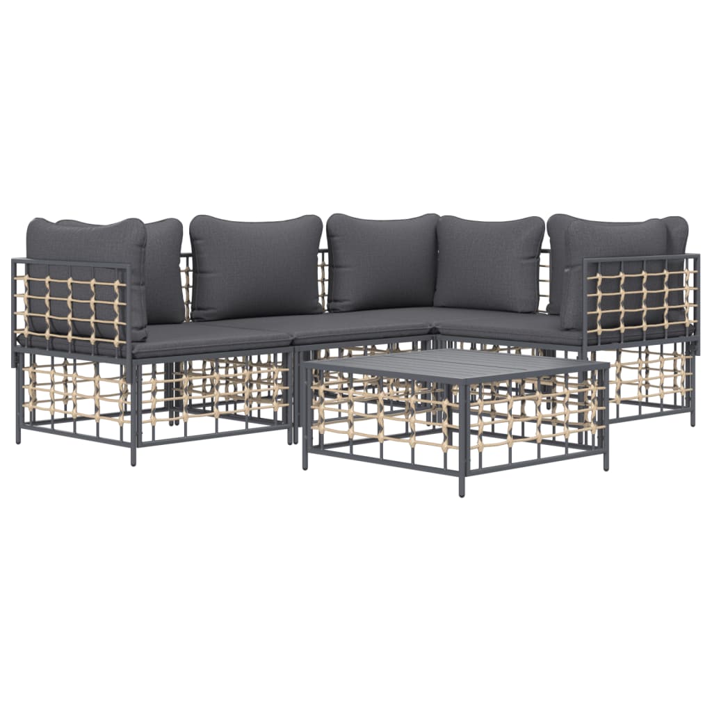 Garden lounge set with cushions, 5-piece, anthracite, poly rattan